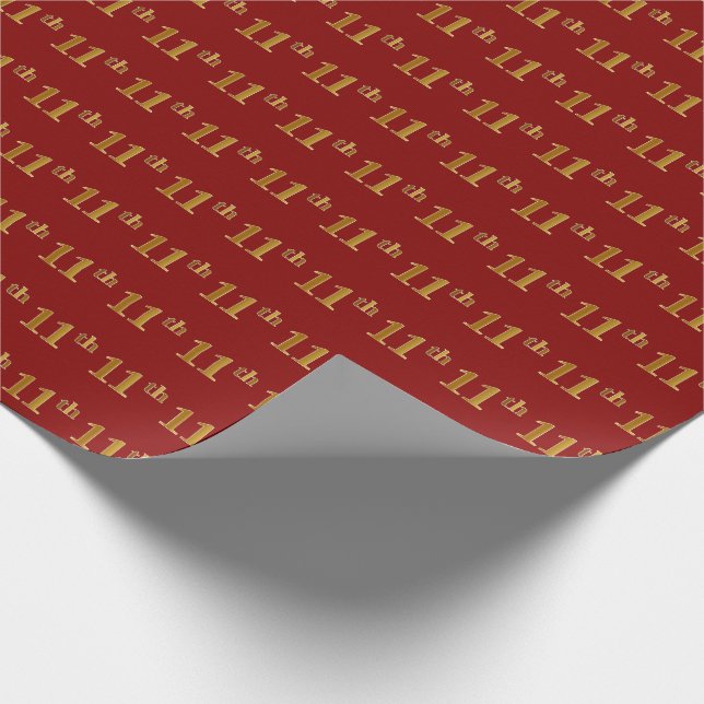 Red, Faux Gold 11th (Eleventh) Event Wrapping Paper (Corner)
