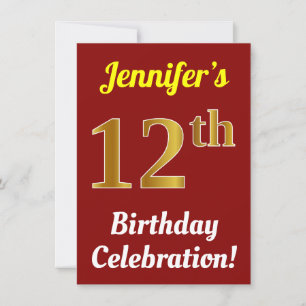 Red, Faux Gold 12th Birthday Celebration + Name Invitation
