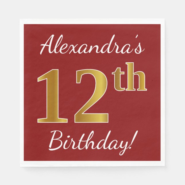Red, Faux Gold 12th Birthday + Custom Name Napkin (Front)