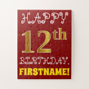 Red, Faux Gold 12th Birthday + Custom Name Puzzle