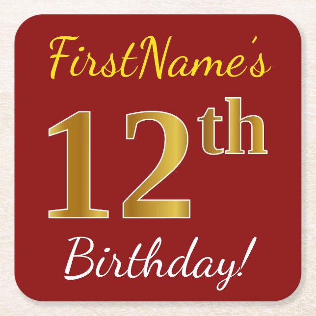 Red, Faux Gold 12th Birthday + Custom Name Square Paper Coaster (Front)