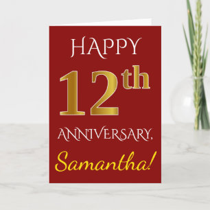 Red, Faux Gold 12th Wedding Anniversary + Name Card