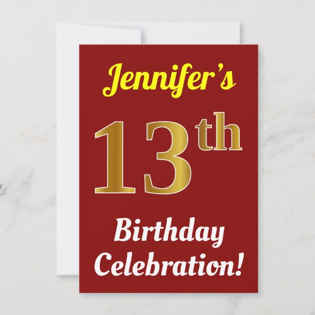 Red, Faux Gold 13th Birthday Celebration + Name Invitation (Front)