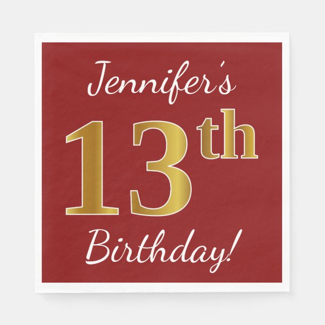 Red, Faux Gold 13th Birthday + Custom Name Napkin (Front)