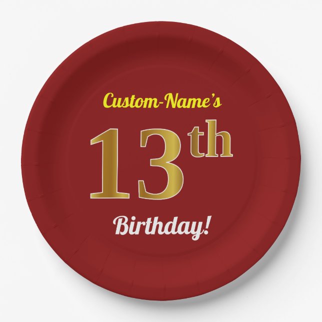 Red, Faux Gold 13th Birthday + Custom Name Paper Plate (Front)