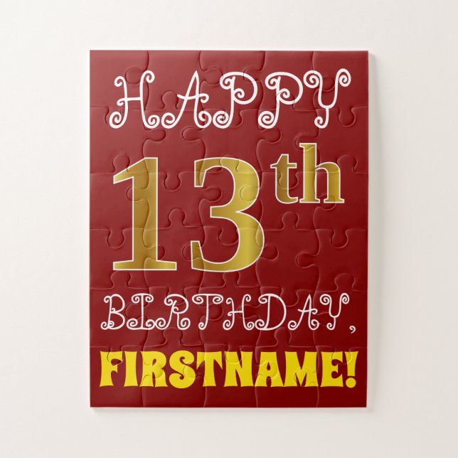 Red, Faux Gold 13th Birthday + Custom Name Puzzle (Vertical)