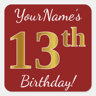 Red, Faux Gold 13th Birthday + Custom Name Sticker