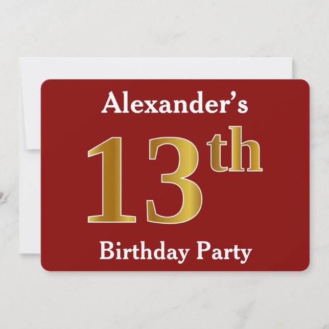 Red, Faux Gold 13th Birthday Party + Custom Name Invitation (Front)