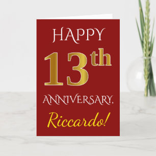 Red, Faux Gold 13th Wedding Anniversary + Name Card