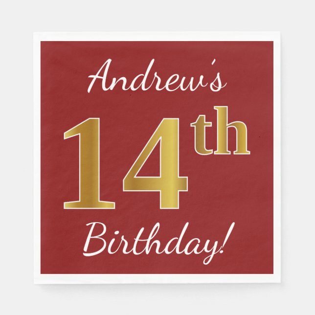 Red, Faux Gold 14th Birthday + Custom Name Napkin (Front)