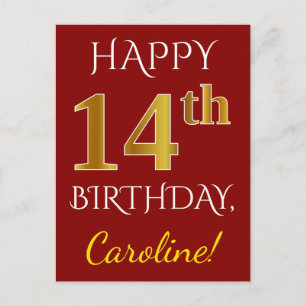 Red, Faux Gold 14th Birthday + Custom Name Postcard
