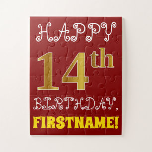 Red, Faux Gold 14th Birthday + Custom Name Puzzle