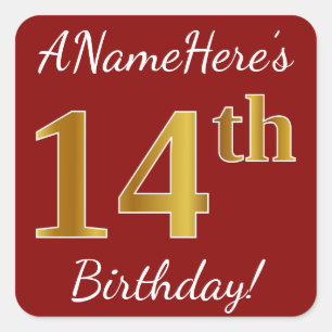 Red, Faux Gold 14th Birthday + Custom Name Sticker
