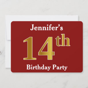 Red, Faux Gold 14th Birthday Party + Custom Name Invitation