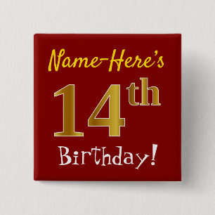 Red, Faux Gold 14th Birthday, With Custom Name 15 Cm Square Badge