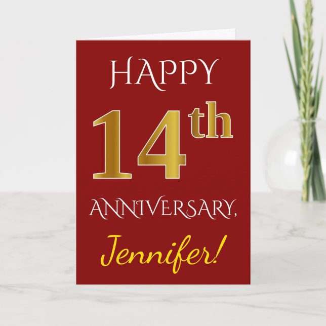 Red, Faux Gold 14th Wedding Anniversary + Name Card (Front)