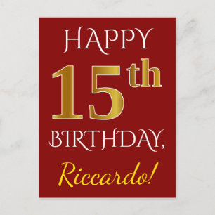 Red, Faux Gold 15th Birthday + Custom Name Postcard