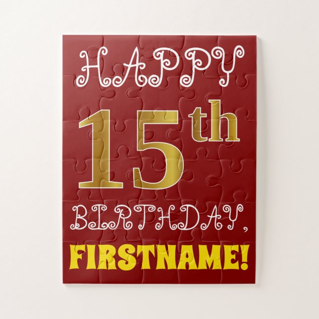 Red, Faux Gold 15th Birthday + Custom Name Puzzle (Vertical)