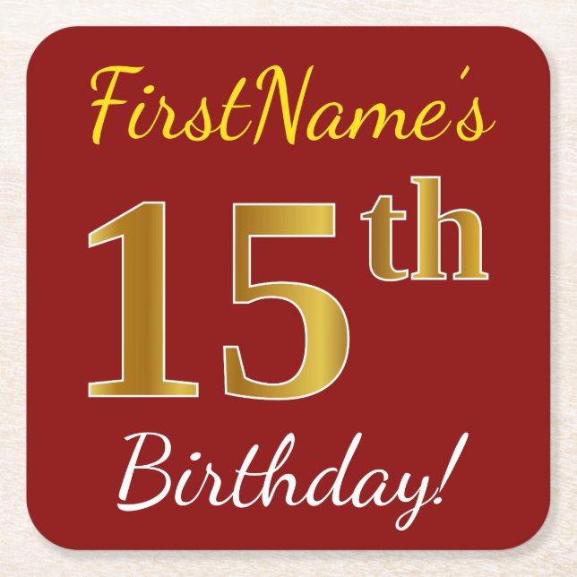 Red, Faux Gold 15th Birthday + Custom Name Square Paper Coaster (Front)