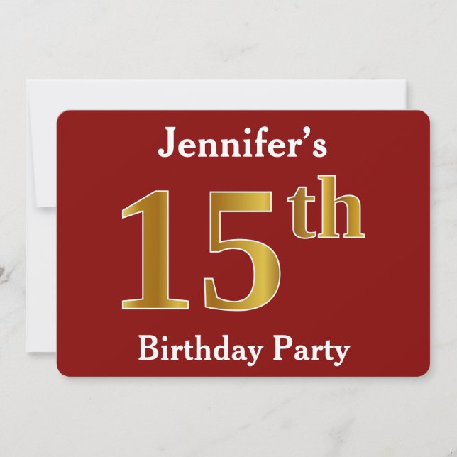 Red, Faux Gold 15th Birthday Party + Custom Name Invitation (Front)