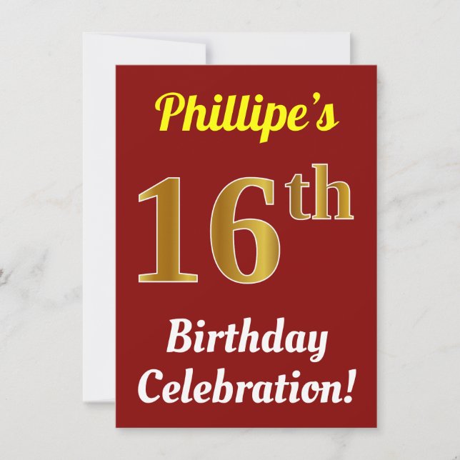 Red, Faux Gold 16th Birthday Celebration + Name Invitation (Front)