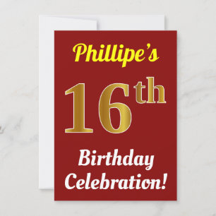 Red, Faux Gold 16th Birthday Celebration + Name Invitation