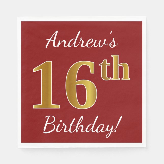Red, Faux Gold 16th Birthday + Custom Name Napkin (Front)