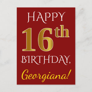 Red, Faux Gold 16th Birthday + Custom Name Postcard