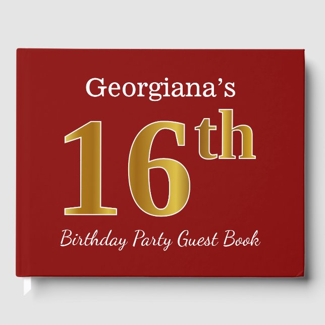 Red, Faux Gold 16th Birthday Party + Custom Name Guest Book (Front)