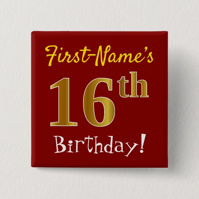 Red, Faux Gold 16th Birthday, With Custom Name 15 Cm Square Badge (Front)