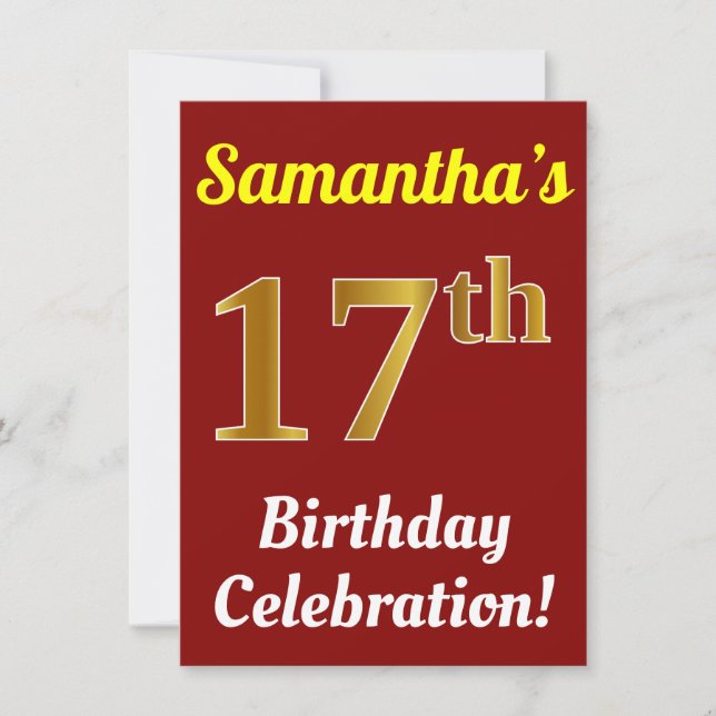 Red, Faux Gold 17th Birthday Celebration + Name Invitation (Front)