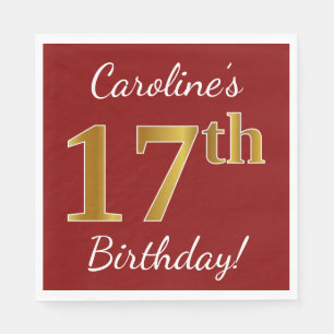 Red, Faux Gold 17th Birthday + Custom Name Napkin