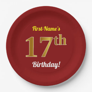 Red, Faux Gold 17th Birthday + Custom Name Paper Plate