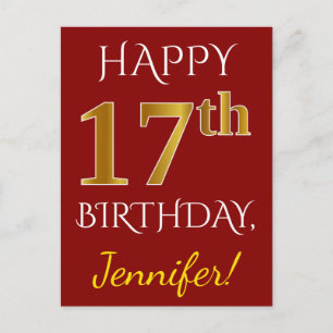 Red, Faux Gold 17th Birthday + Custom Name Postcard