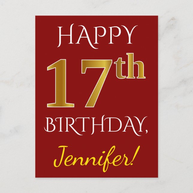 Red, Faux Gold 17th Birthday + Custom Name Postcard (Front)