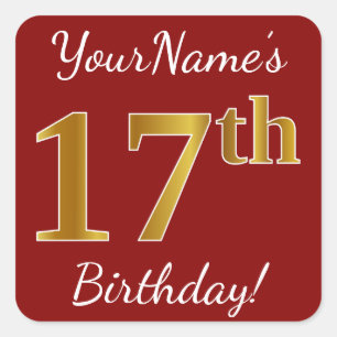 Red, Faux Gold 17th Birthday + Custom Name Sticker