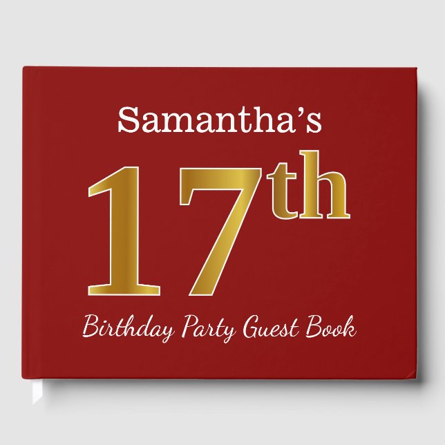 Red, Faux Gold 17th Birthday Party + Custom Name Guest Book (Front)