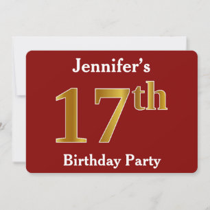 Red, Faux Gold 17th Birthday Party + Custom Name Invitation