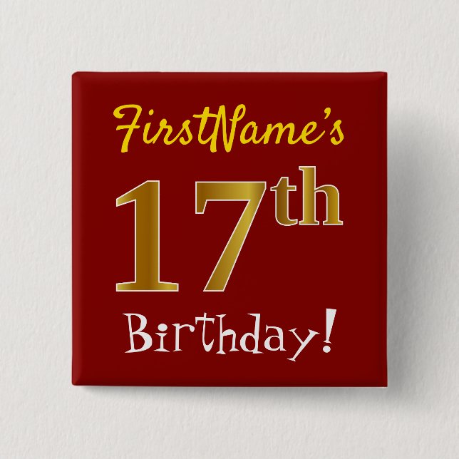Red, Faux Gold 17th Birthday, With Custom Name 15 Cm Square Badge (Front)
