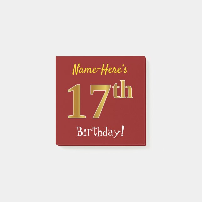 Red, Faux Gold 17th Birthday, With Custom Name Post-it Notes (Front)