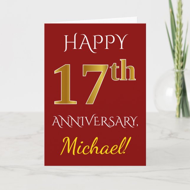 Red, Faux Gold 17th Wedding Anniversary + Name Card (Front)