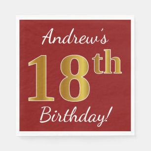 Red, Faux Gold 18th Birthday + Custom Name Napkin