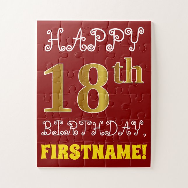 Red, Faux Gold 18th Birthday + Custom Name Puzzle (Vertical)