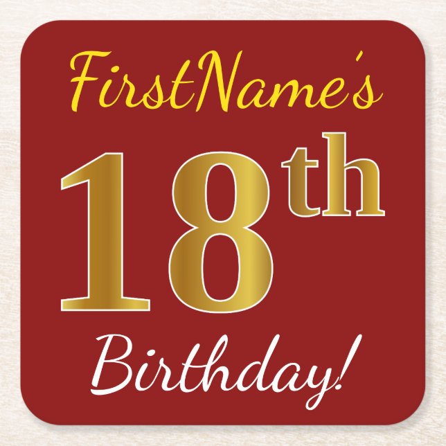 Red, Faux Gold 18th Birthday + Custom Name Square Paper Coaster (Front)