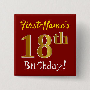 Red, Faux Gold 18th Birthday, With Custom Name 15 Cm Square Badge