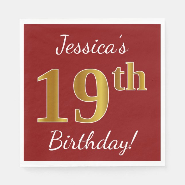 Red, Faux Gold 19th Birthday + Custom Name Napkin (Front)