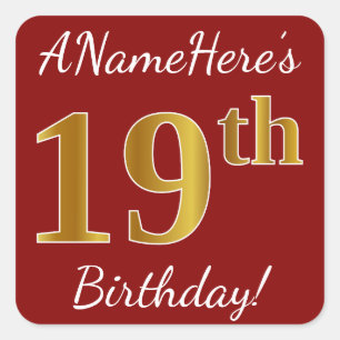 Red, Faux Gold 19th Birthday + Custom Name Sticker