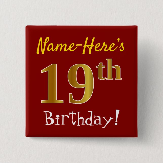 Red, Faux Gold 19th Birthday, With Custom Name 15 Cm Square Badge (Front)