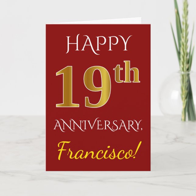 Red, Faux Gold 19th Wedding Anniversary + Name Card (Front)