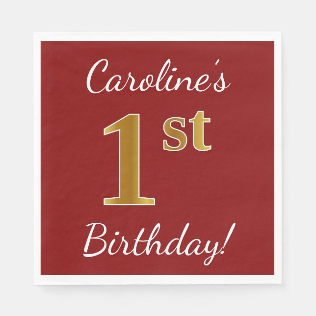Red, Faux Gold 1st Birthday + Custom Name Napkin (Front)